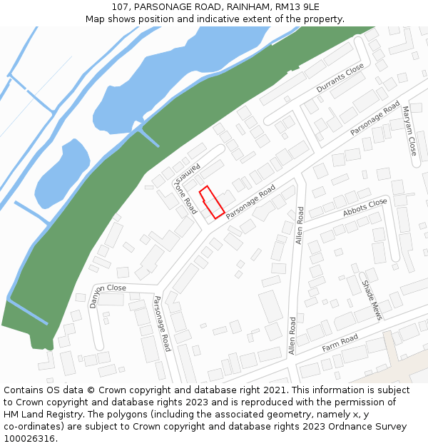 107, PARSONAGE ROAD, RAINHAM, RM13 9LE: Location map and indicative extent of plot