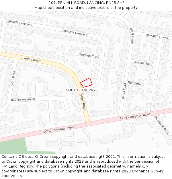 107, PENHILL ROAD, LANCING, BN15 8HF: Location map and indicative extent of plot