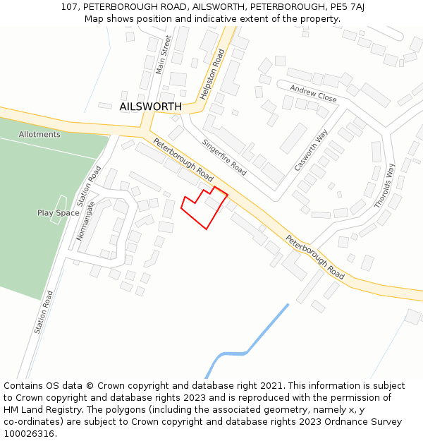 107, PETERBOROUGH ROAD, AILSWORTH, PETERBOROUGH, PE5 7AJ: Location map and indicative extent of plot