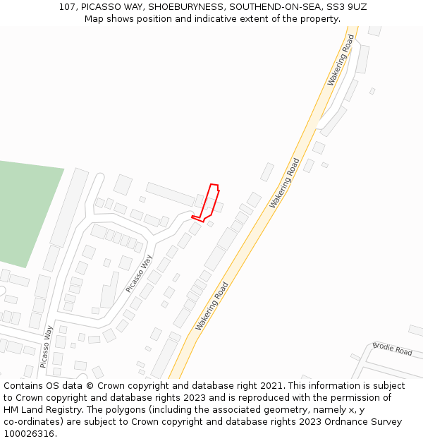 107, PICASSO WAY, SHOEBURYNESS, SOUTHEND-ON-SEA, SS3 9UZ: Location map and indicative extent of plot