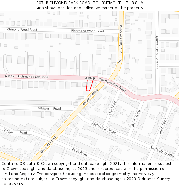 107, RICHMOND PARK ROAD, BOURNEMOUTH, BH8 8UA: Location map and indicative extent of plot