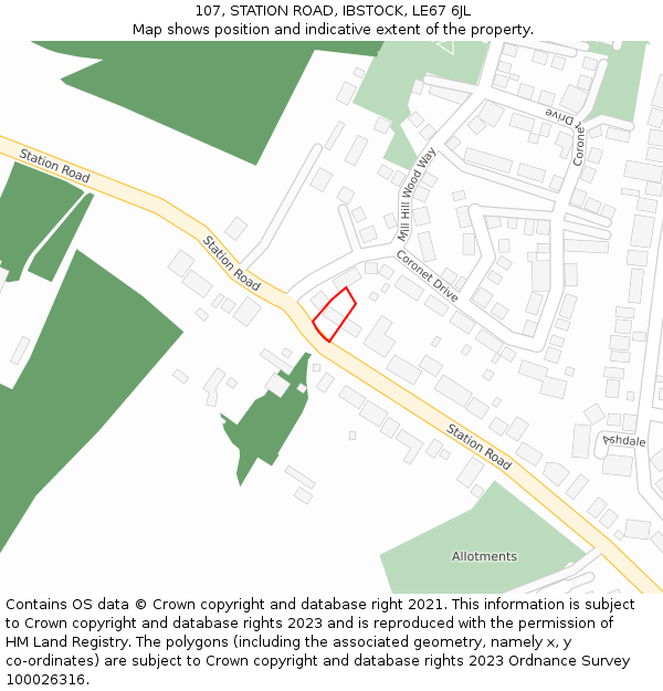 107, STATION ROAD, IBSTOCK, LE67 6JL: Location map and indicative extent of plot