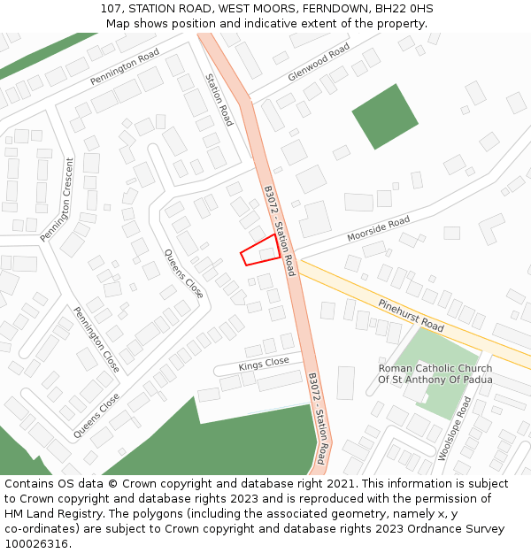 107, STATION ROAD, WEST MOORS, FERNDOWN, BH22 0HS: Location map and indicative extent of plot