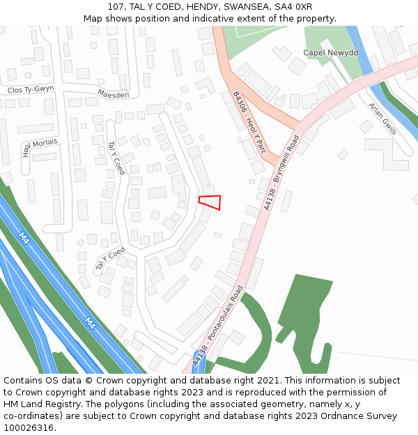 107, TAL Y COED, HENDY, SWANSEA, SA4 0XR: Location map and indicative extent of plot