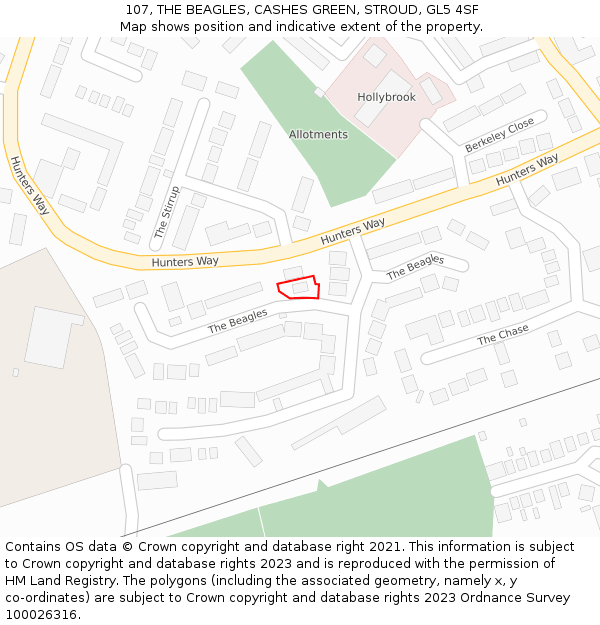 107, THE BEAGLES, CASHES GREEN, STROUD, GL5 4SF: Location map and indicative extent of plot