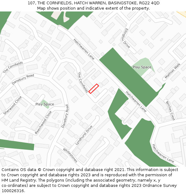 107, THE CORNFIELDS, HATCH WARREN, BASINGSTOKE, RG22 4QD: Location map and indicative extent of plot