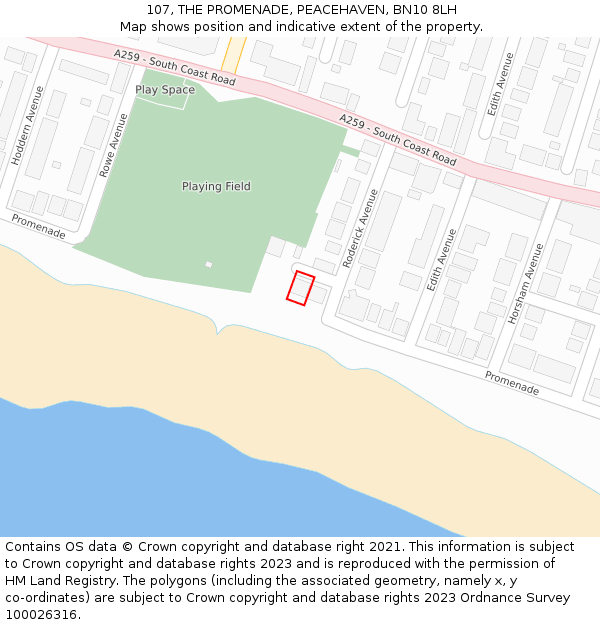 107, THE PROMENADE, PEACEHAVEN, BN10 8LH: Location map and indicative extent of plot