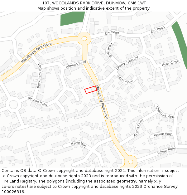 107, WOODLANDS PARK DRIVE, DUNMOW, CM6 1WT: Location map and indicative extent of plot