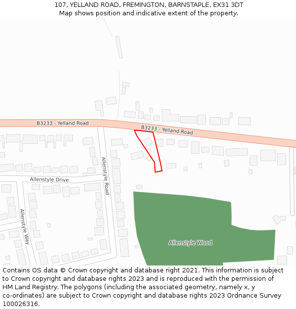 107, YELLAND ROAD, FREMINGTON, BARNSTAPLE, EX31 3DT: Location map and indicative extent of plot