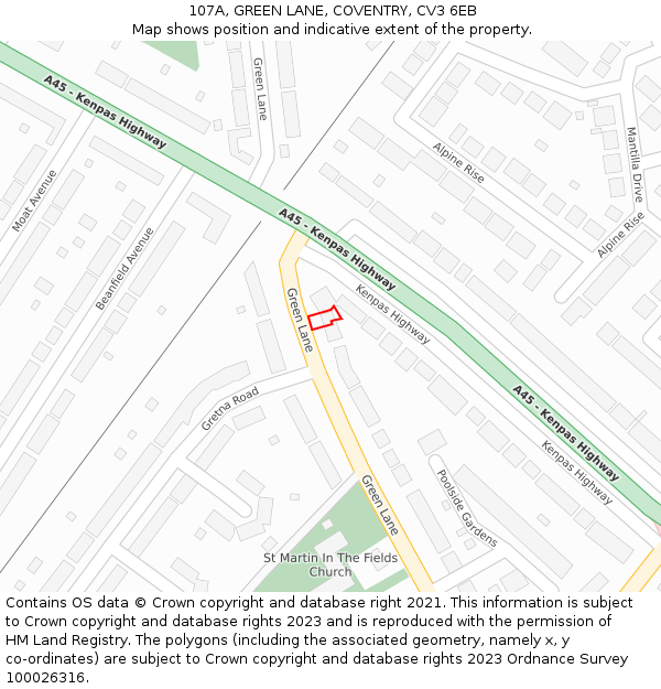 107A, GREEN LANE, COVENTRY, CV3 6EB: Location map and indicative extent of plot