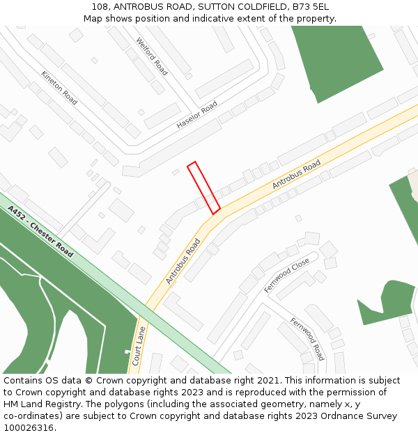 108, ANTROBUS ROAD, SUTTON COLDFIELD, B73 5EL: Location map and indicative extent of plot