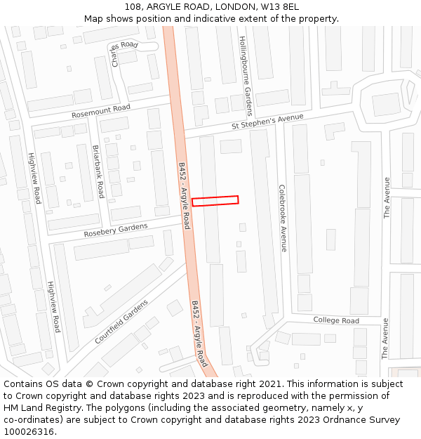108, ARGYLE ROAD, LONDON, W13 8EL: Location map and indicative extent of plot