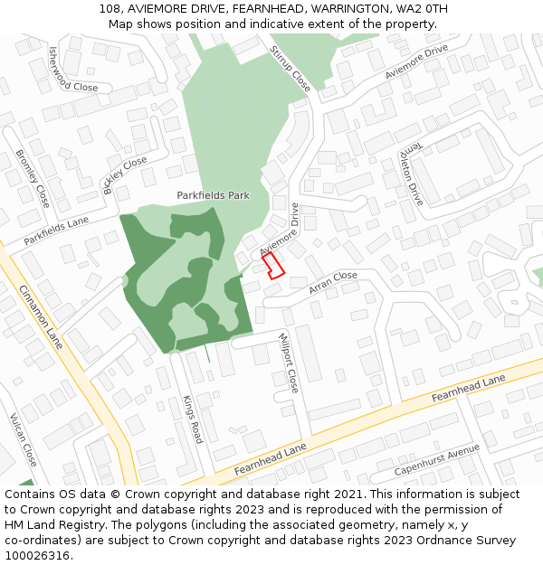 108, AVIEMORE DRIVE, FEARNHEAD, WARRINGTON, WA2 0TH: Location map and indicative extent of plot