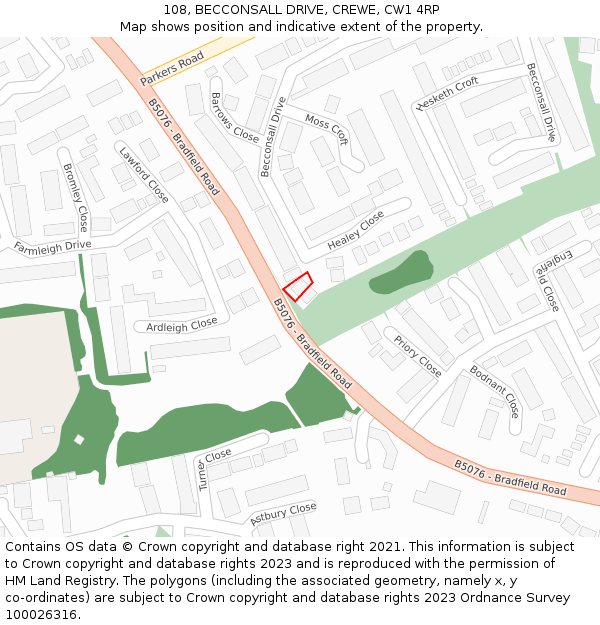 108, BECCONSALL DRIVE, CREWE, CW1 4RP: Location map and indicative extent of plot