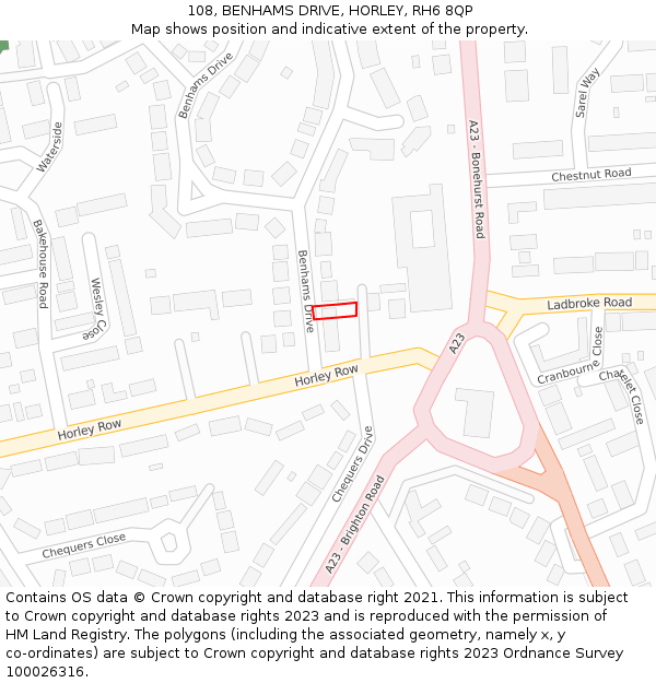 108, BENHAMS DRIVE, HORLEY, RH6 8QP: Location map and indicative extent of plot