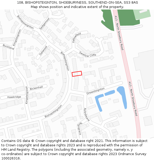 108, BISHOPSTEIGNTON, SHOEBURYNESS, SOUTHEND-ON-SEA, SS3 8AS: Location map and indicative extent of plot