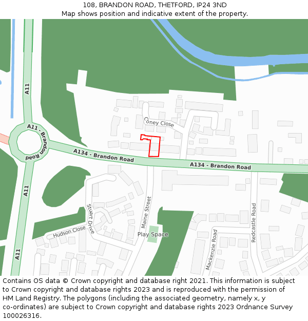 108, BRANDON ROAD, THETFORD, IP24 3ND: Location map and indicative extent of plot