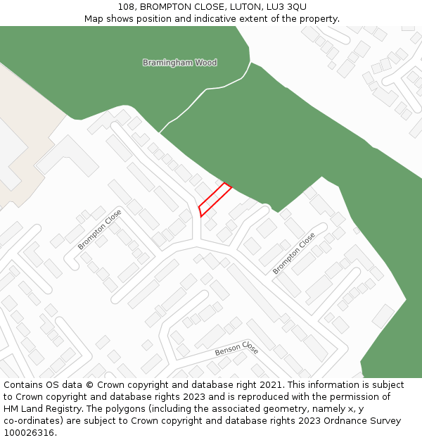 108, BROMPTON CLOSE, LUTON, LU3 3QU: Location map and indicative extent of plot