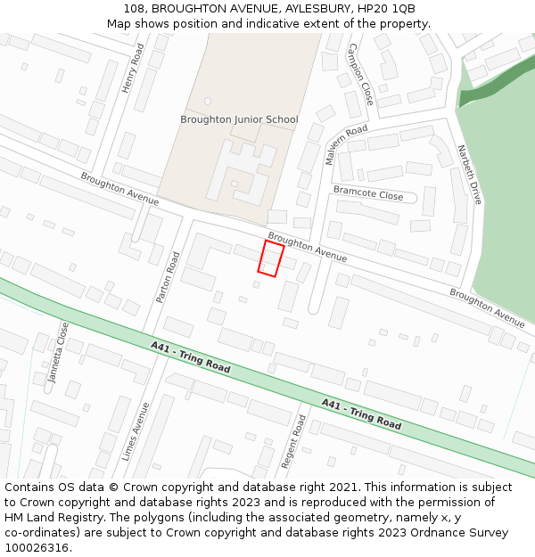 108, BROUGHTON AVENUE, AYLESBURY, HP20 1QB: Location map and indicative extent of plot