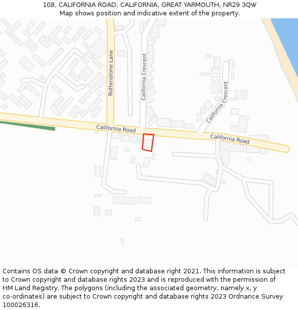 108, CALIFORNIA ROAD, CALIFORNIA, GREAT YARMOUTH, NR29 3QW: Location map and indicative extent of plot