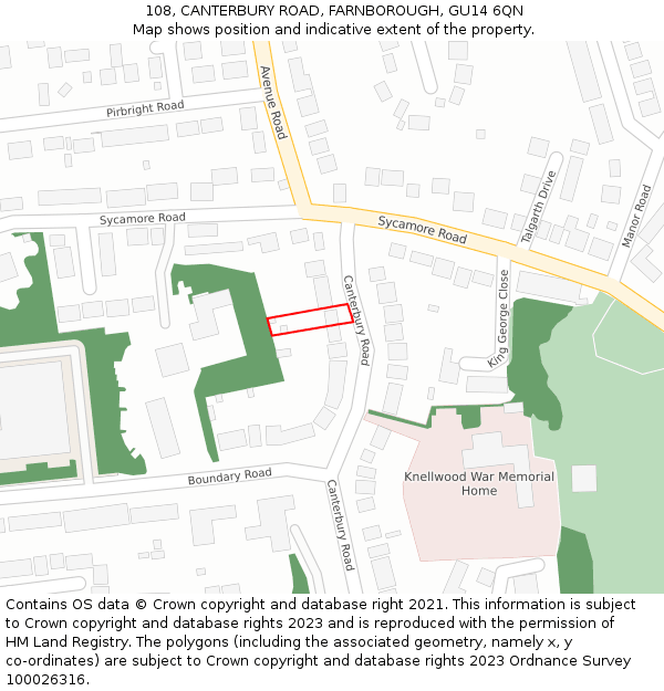 108, CANTERBURY ROAD, FARNBOROUGH, GU14 6QN: Location map and indicative extent of plot