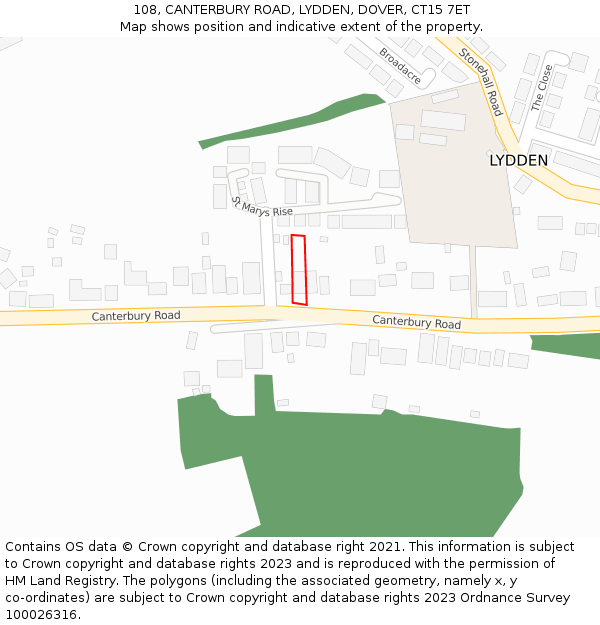 108, CANTERBURY ROAD, LYDDEN, DOVER, CT15 7ET: Location map and indicative extent of plot