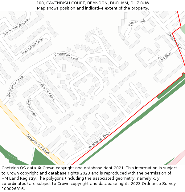 108, CAVENDISH COURT, BRANDON, DURHAM, DH7 8UW: Location map and indicative extent of plot