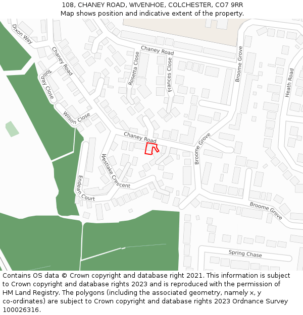 108, CHANEY ROAD, WIVENHOE, COLCHESTER, CO7 9RR: Location map and indicative extent of plot