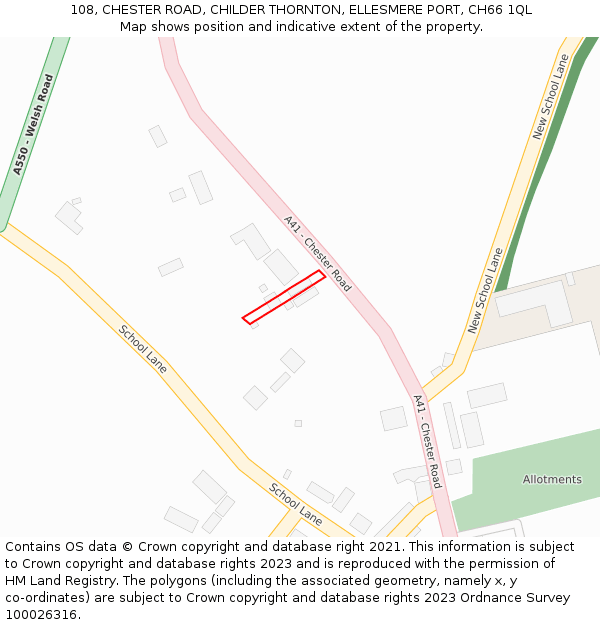 108, CHESTER ROAD, CHILDER THORNTON, ELLESMERE PORT, CH66 1QL: Location map and indicative extent of plot