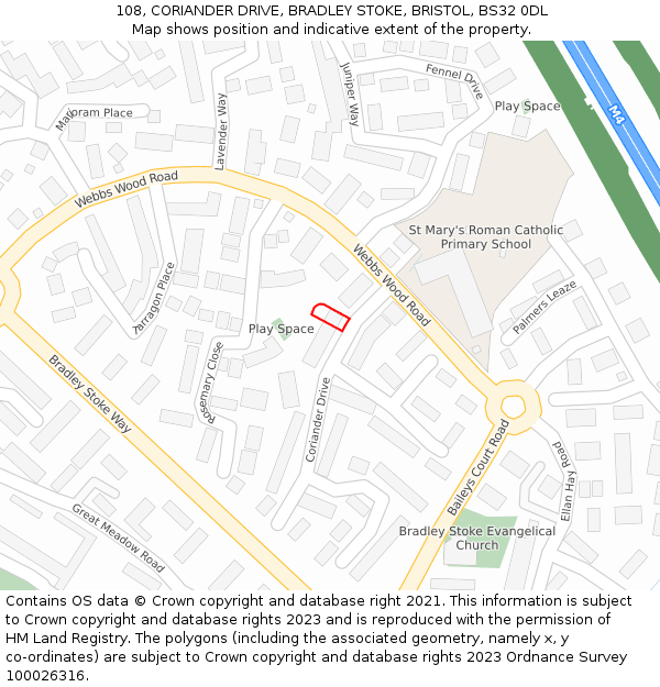 108, CORIANDER DRIVE, BRADLEY STOKE, BRISTOL, BS32 0DL: Location map and indicative extent of plot