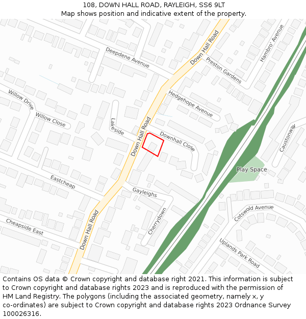 108, DOWN HALL ROAD, RAYLEIGH, SS6 9LT: Location map and indicative extent of plot