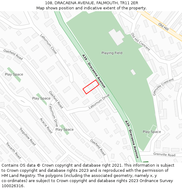 108, DRACAENA AVENUE, FALMOUTH, TR11 2ER: Location map and indicative extent of plot