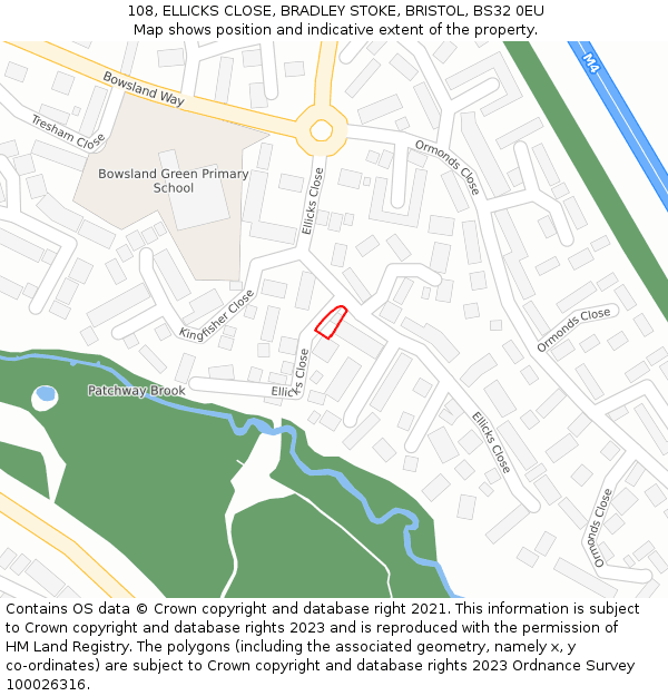 108, ELLICKS CLOSE, BRADLEY STOKE, BRISTOL, BS32 0EU: Location map and indicative extent of plot