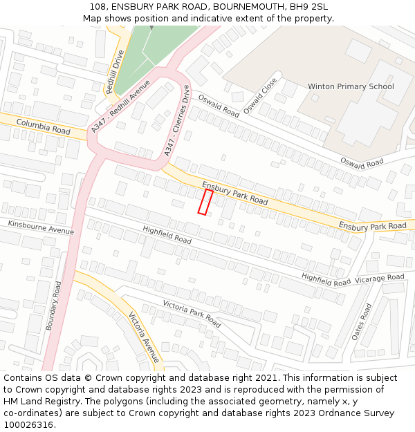 108, ENSBURY PARK ROAD, BOURNEMOUTH, BH9 2SL: Location map and indicative extent of plot