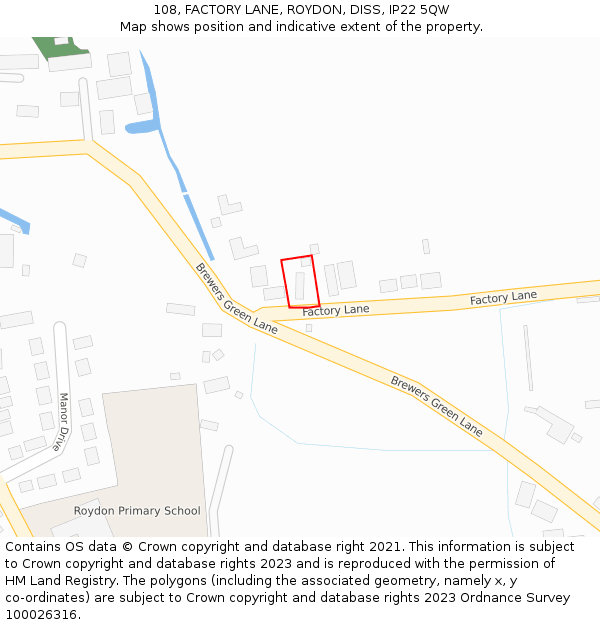 108, FACTORY LANE, ROYDON, DISS, IP22 5QW: Location map and indicative extent of plot