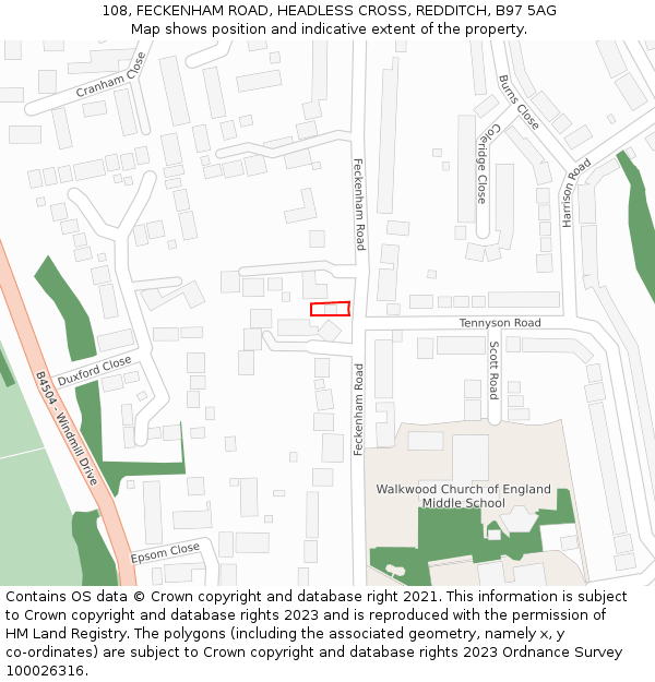 108, FECKENHAM ROAD, HEADLESS CROSS, REDDITCH, B97 5AG: Location map and indicative extent of plot