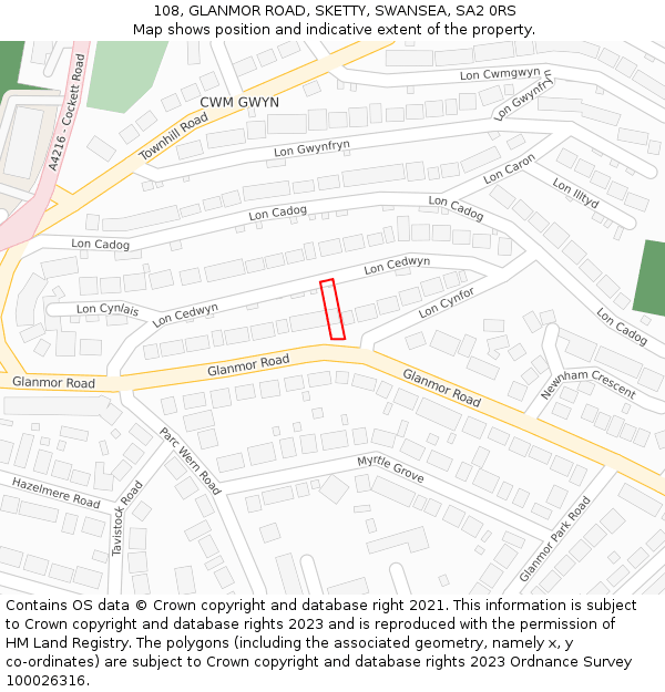 108, GLANMOR ROAD, SKETTY, SWANSEA, SA2 0RS: Location map and indicative extent of plot