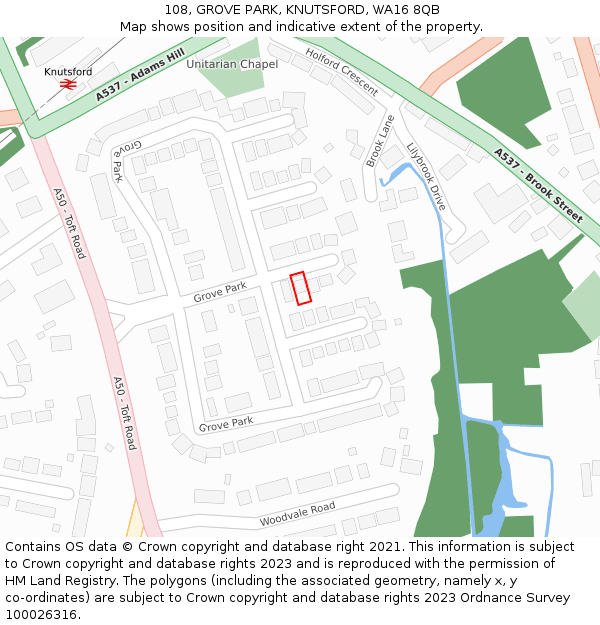 108, GROVE PARK, KNUTSFORD, WA16 8QB: Location map and indicative extent of plot