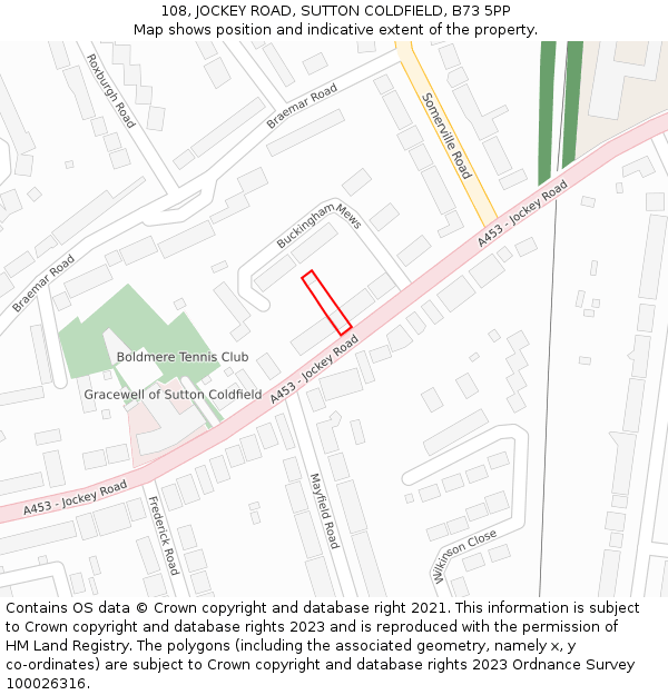 108, JOCKEY ROAD, SUTTON COLDFIELD, B73 5PP: Location map and indicative extent of plot