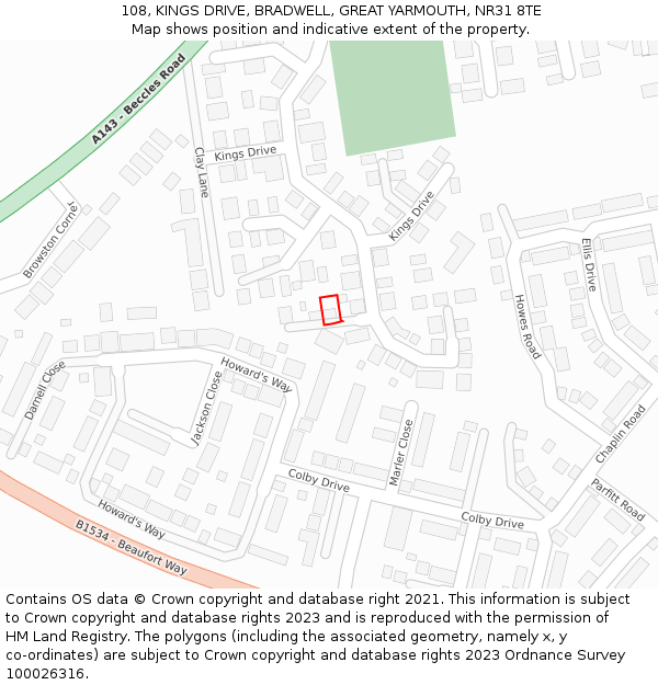 108, KINGS DRIVE, BRADWELL, GREAT YARMOUTH, NR31 8TE: Location map and indicative extent of plot