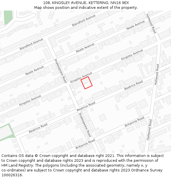 108, KINGSLEY AVENUE, KETTERING, NN16 9EX: Location map and indicative extent of plot