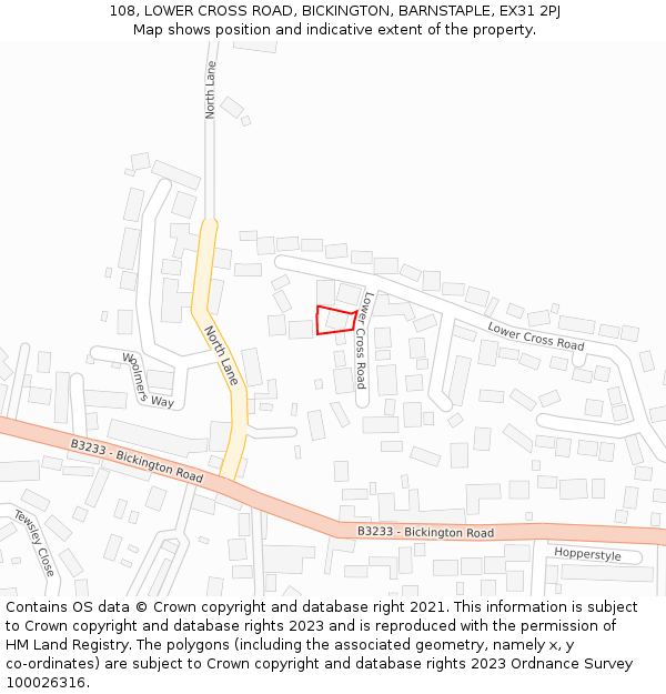 108, LOWER CROSS ROAD, BICKINGTON, BARNSTAPLE, EX31 2PJ: Location map and indicative extent of plot
