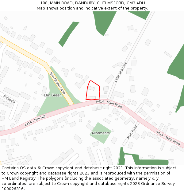 108, MAIN ROAD, DANBURY, CHELMSFORD, CM3 4DH: Location map and indicative extent of plot