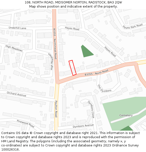 108, NORTH ROAD, MIDSOMER NORTON, RADSTOCK, BA3 2QW: Location map and indicative extent of plot