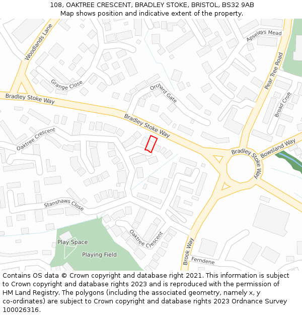 108, OAKTREE CRESCENT, BRADLEY STOKE, BRISTOL, BS32 9AB: Location map and indicative extent of plot