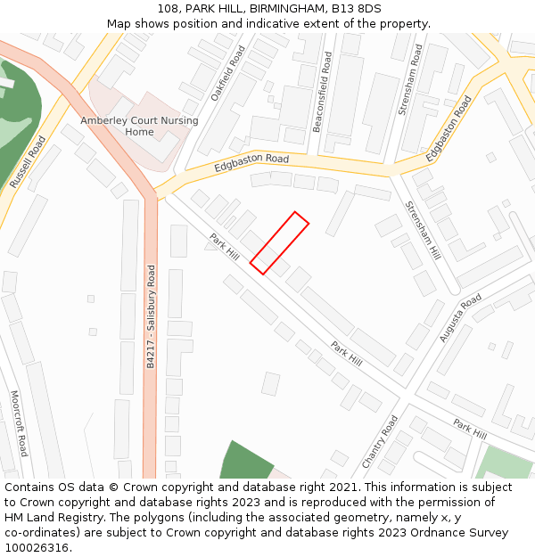 108, PARK HILL, BIRMINGHAM, B13 8DS: Location map and indicative extent of plot