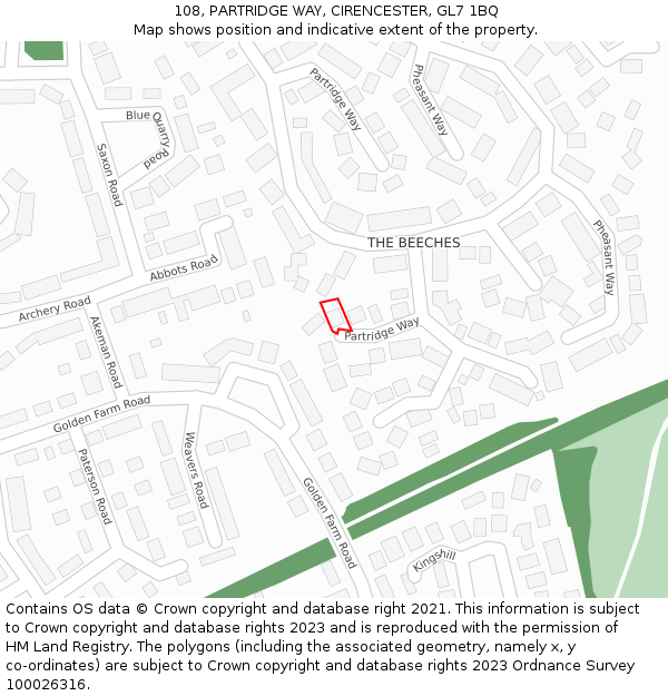 108, PARTRIDGE WAY, CIRENCESTER, GL7 1BQ: Location map and indicative extent of plot