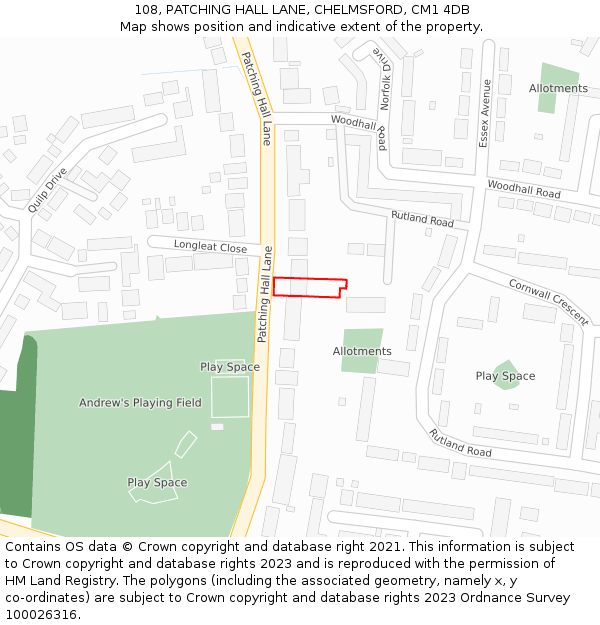 108, PATCHING HALL LANE, CHELMSFORD, CM1 4DB: Location map and indicative extent of plot