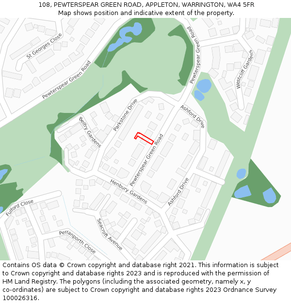 108, PEWTERSPEAR GREEN ROAD, APPLETON, WARRINGTON, WA4 5FR: Location map and indicative extent of plot