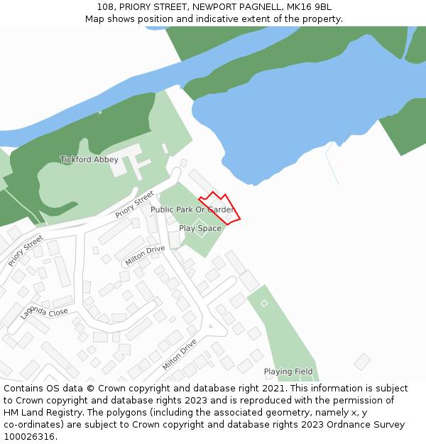 108, PRIORY STREET, NEWPORT PAGNELL, MK16 9BL: Location map and indicative extent of plot